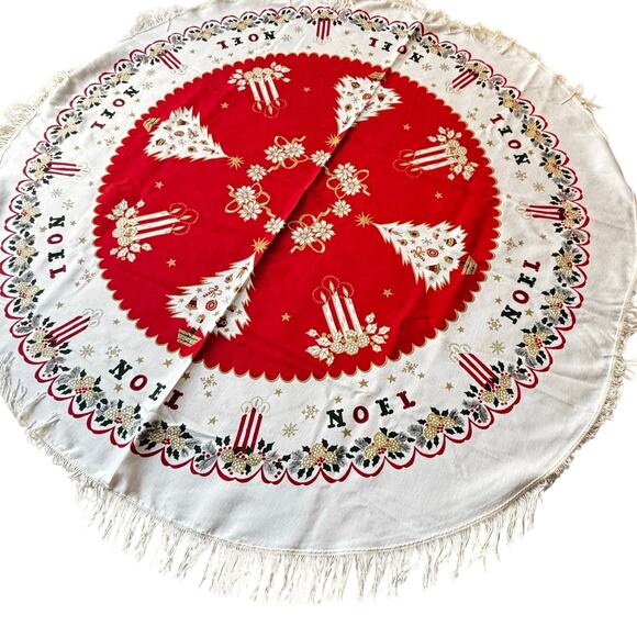 Vintage Christmas Holiday Tablecloth Cotton Print Round Fringe Red Gold Festive - Picture 9 of 10